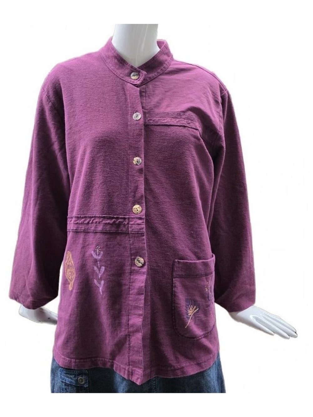 Focus Plum Cotton Hand Painted Boxy Art Jacket Mandarin Collar Lg